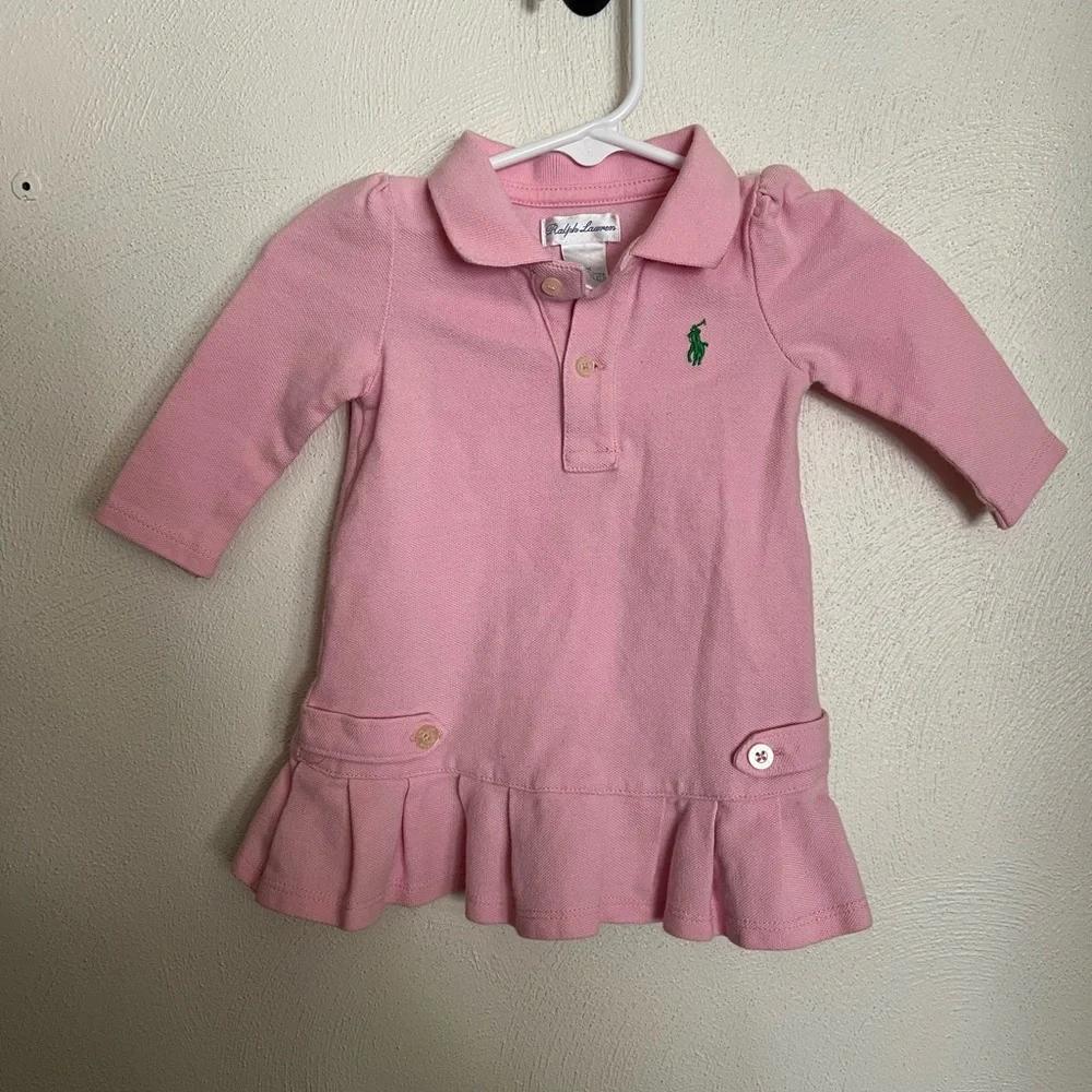RALPH LAUREN Classic Long Sleeve Ruffle Drop Waist Polo Dress Pink Baby Girl 6mo